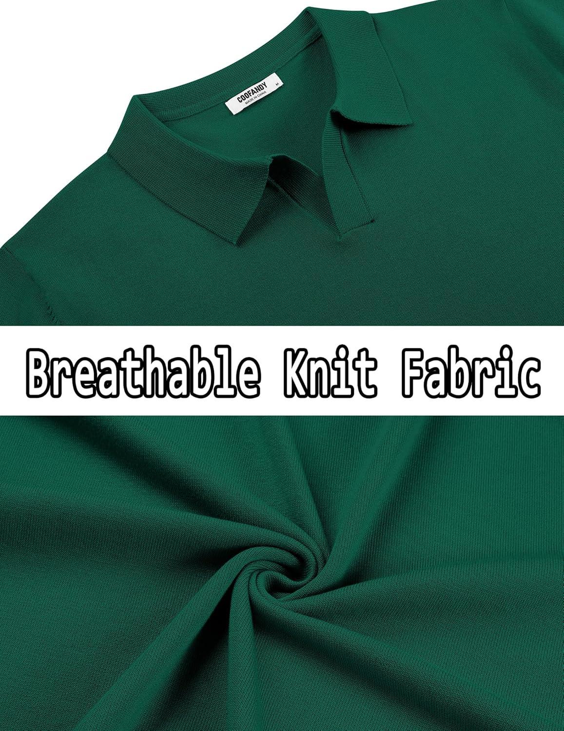 imageCOOFANDY Mens Knit Polo Shirts V Neck Short Sleeve Stretch Polo T Shirt Casual Golf ShirtsGreen