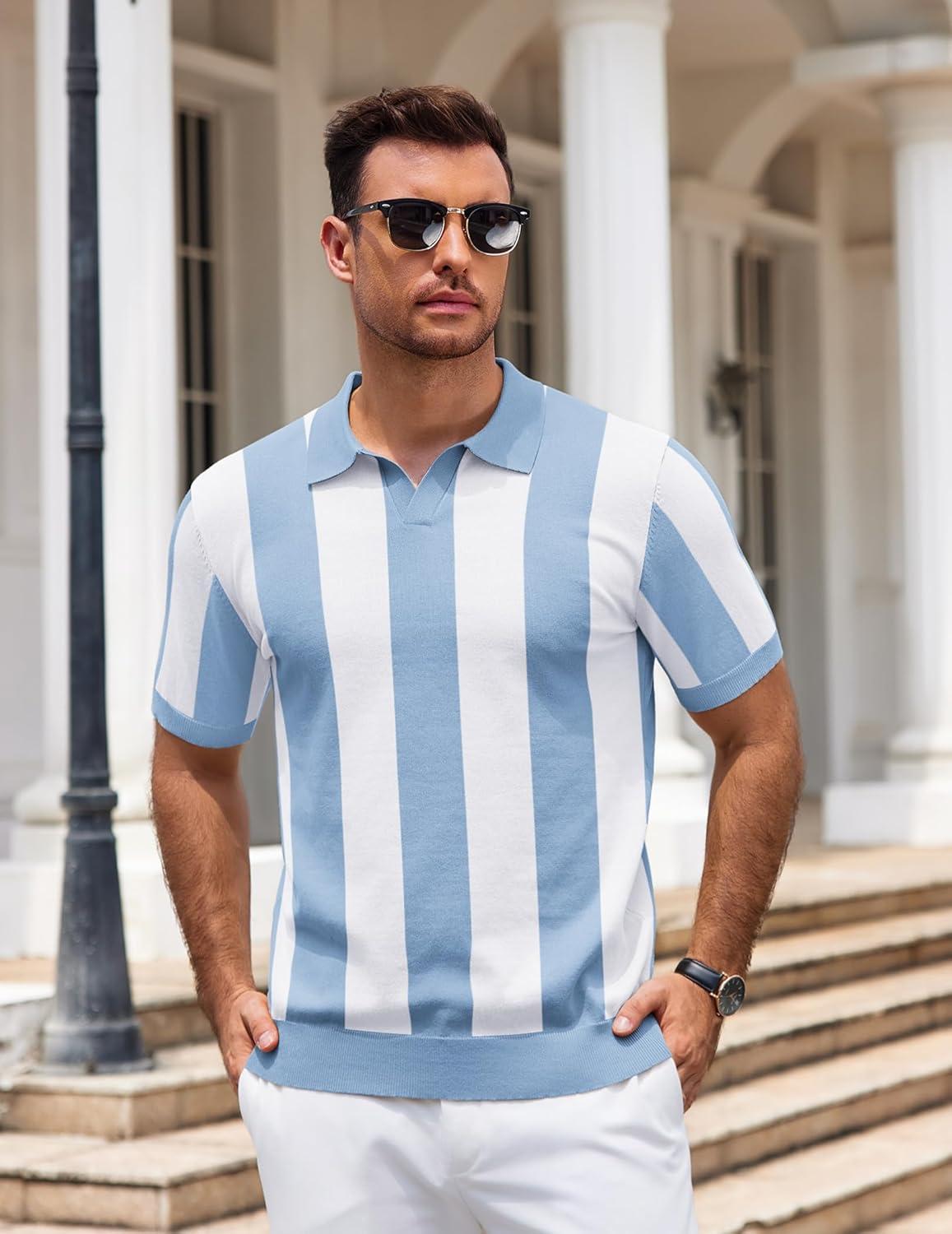 imageCOOFANDY Mens Knit Polo Shirts V Neck Short Sleeve Stretch Polo T Shirt Casual Golf ShirtsLight Blue  White Stripes