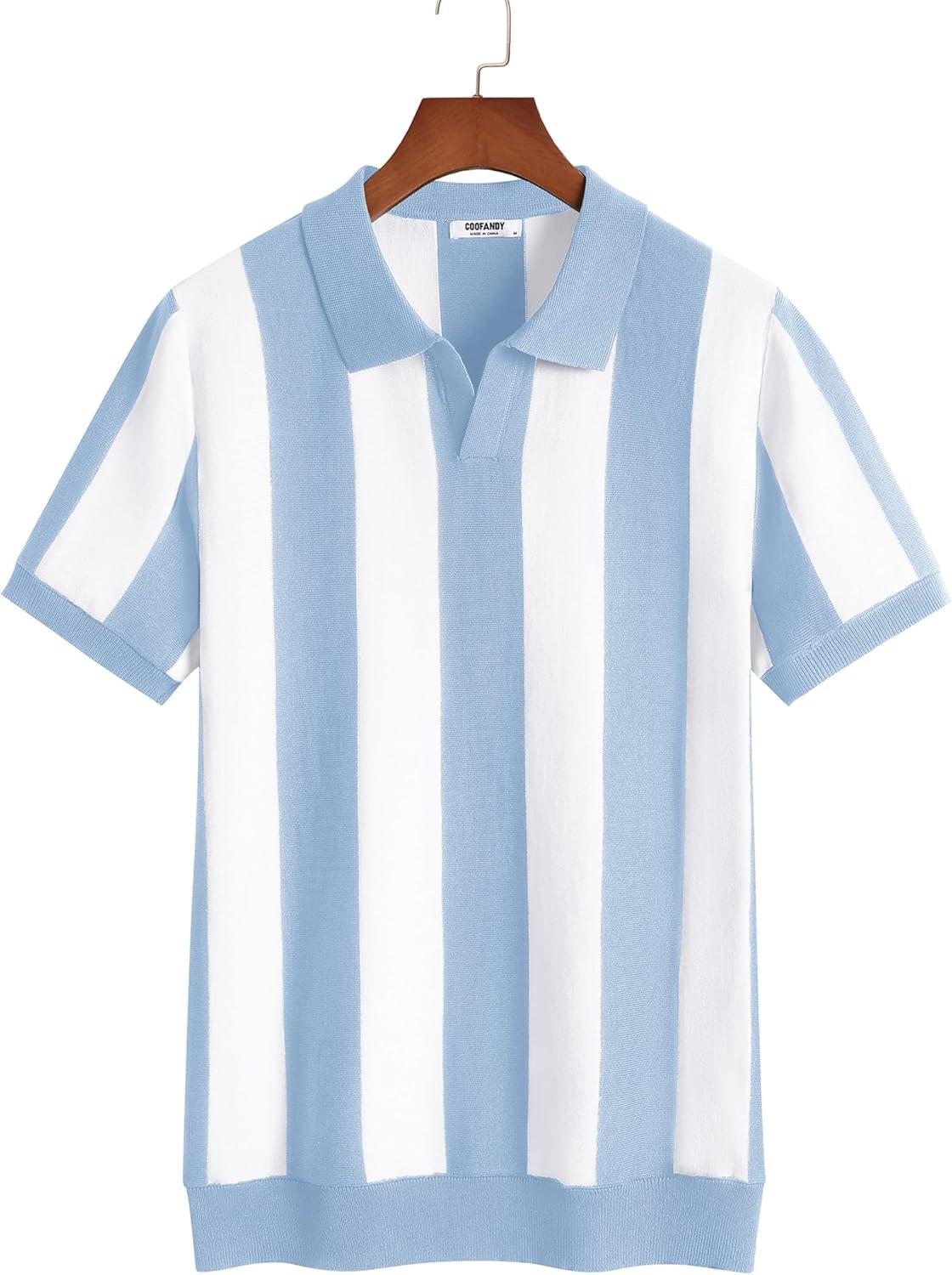 imageCOOFANDY Mens Knit Polo Shirts V Neck Short Sleeve Stretch Polo T Shirt Casual Golf ShirtsLight Blue  White Stripes