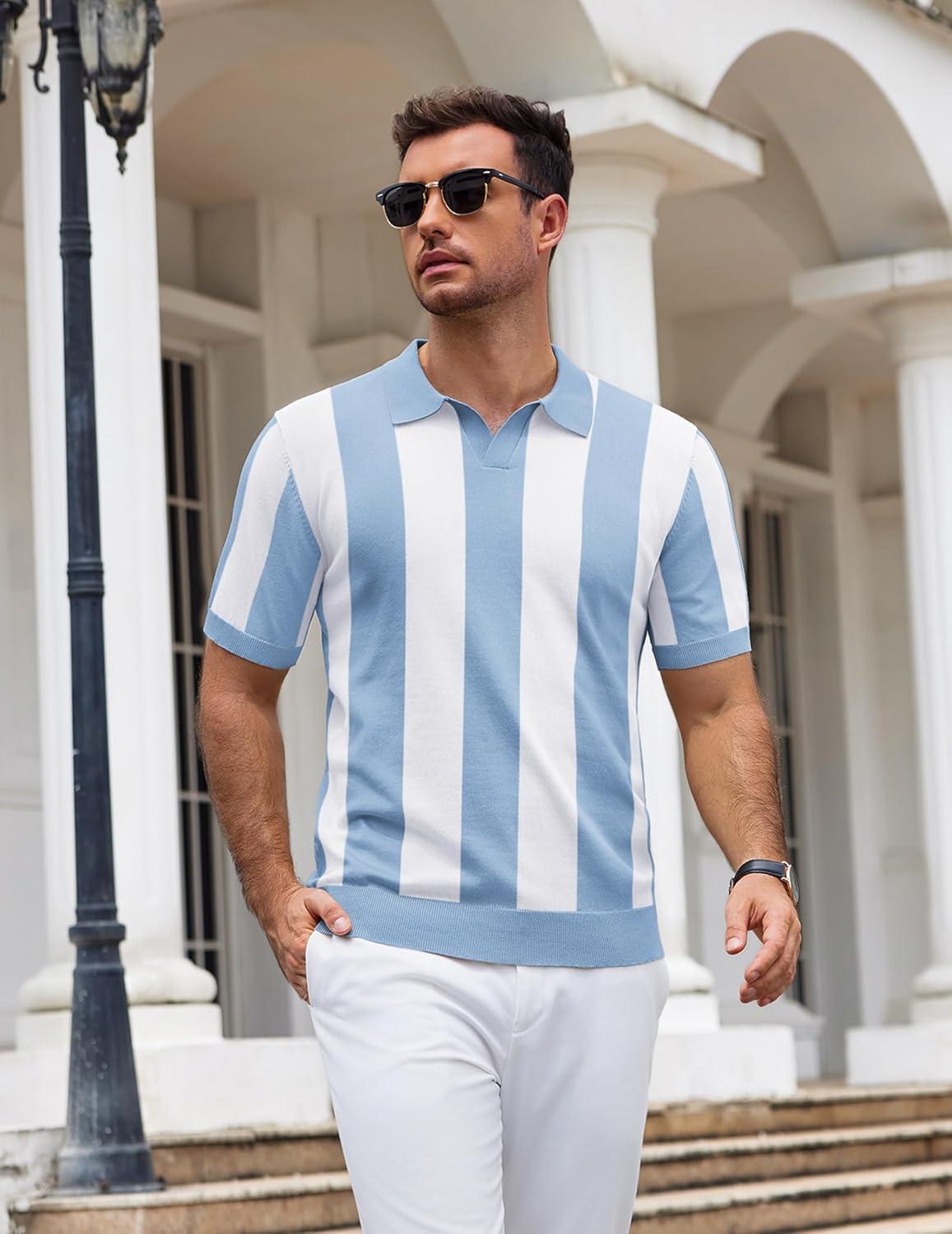 imageCOOFANDY Mens Knit Polo Shirts V Neck Short Sleeve Stretch Polo T Shirt Casual Golf ShirtsLight Blue  White Stripes