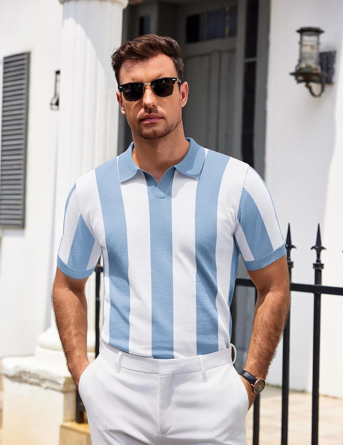 imageCOOFANDY Mens Knit Polo Shirts V Neck Short Sleeve Stretch Polo T Shirt Casual Golf ShirtsLight Blue  White Stripes