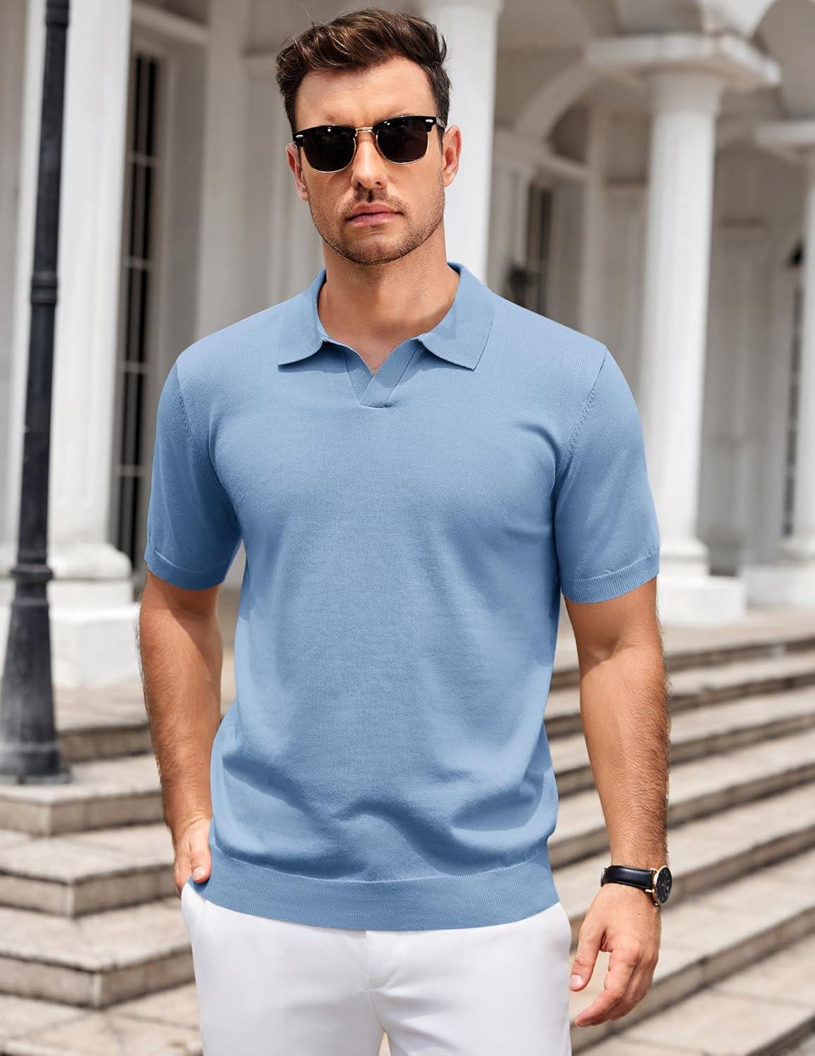 imageCOOFANDY Mens Knit Polo Shirts V Neck Short Sleeve Stretch Polo T Shirt Casual Golf ShirtsLight Blue