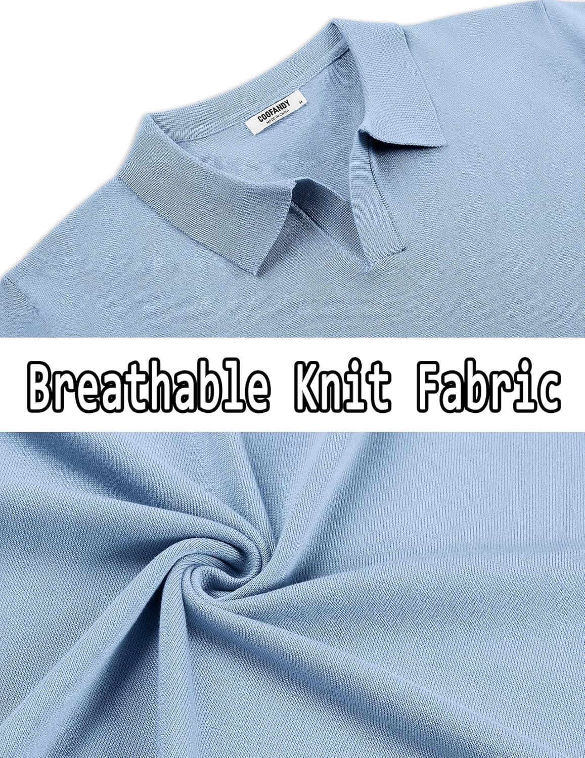 imageCOOFANDY Mens Knit Polo Shirts V Neck Short Sleeve Stretch Polo T Shirt Casual Golf ShirtsLight Blue