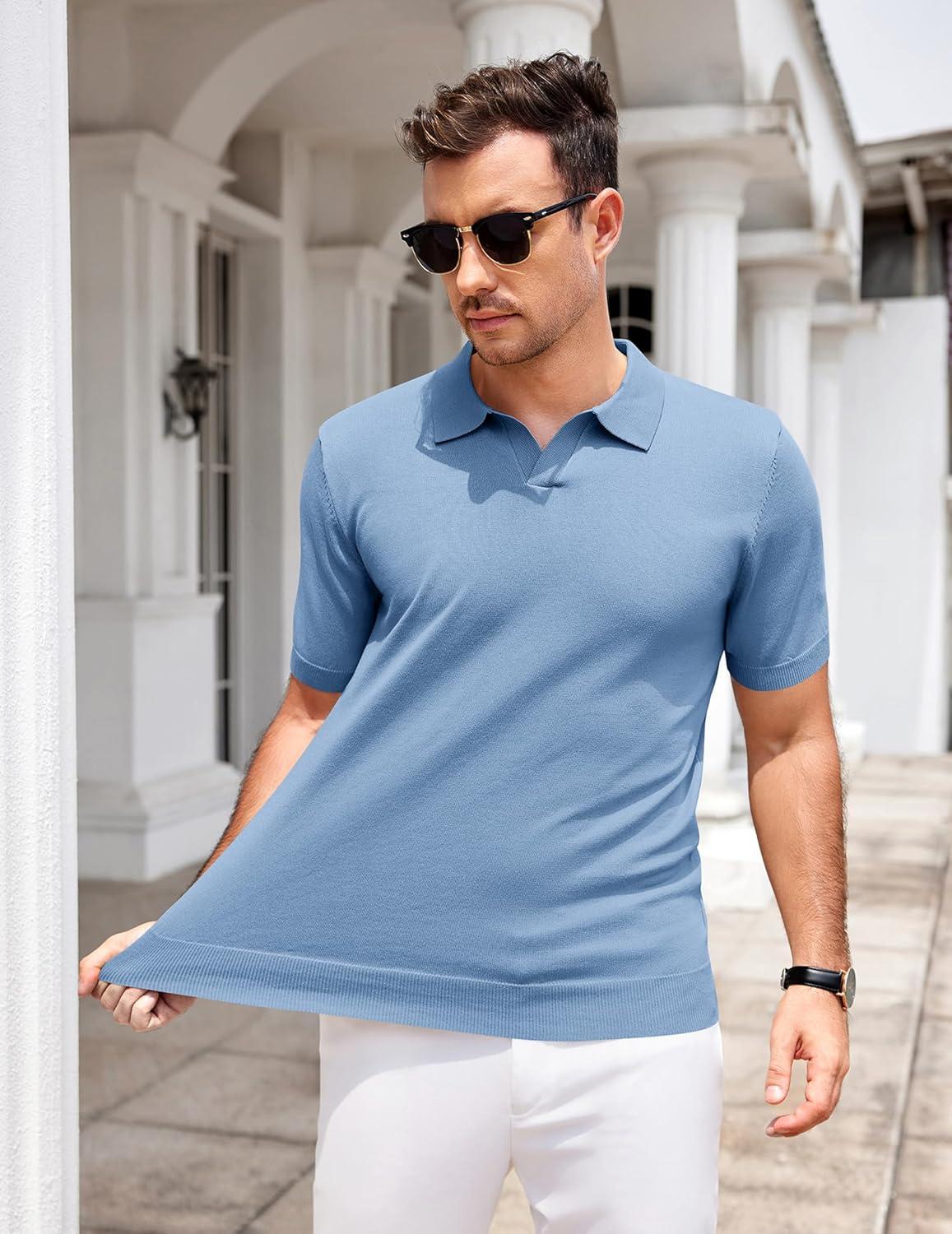 imageCOOFANDY Mens Knit Polo Shirts V Neck Short Sleeve Stretch Polo T Shirt Casual Golf ShirtsLight Blue