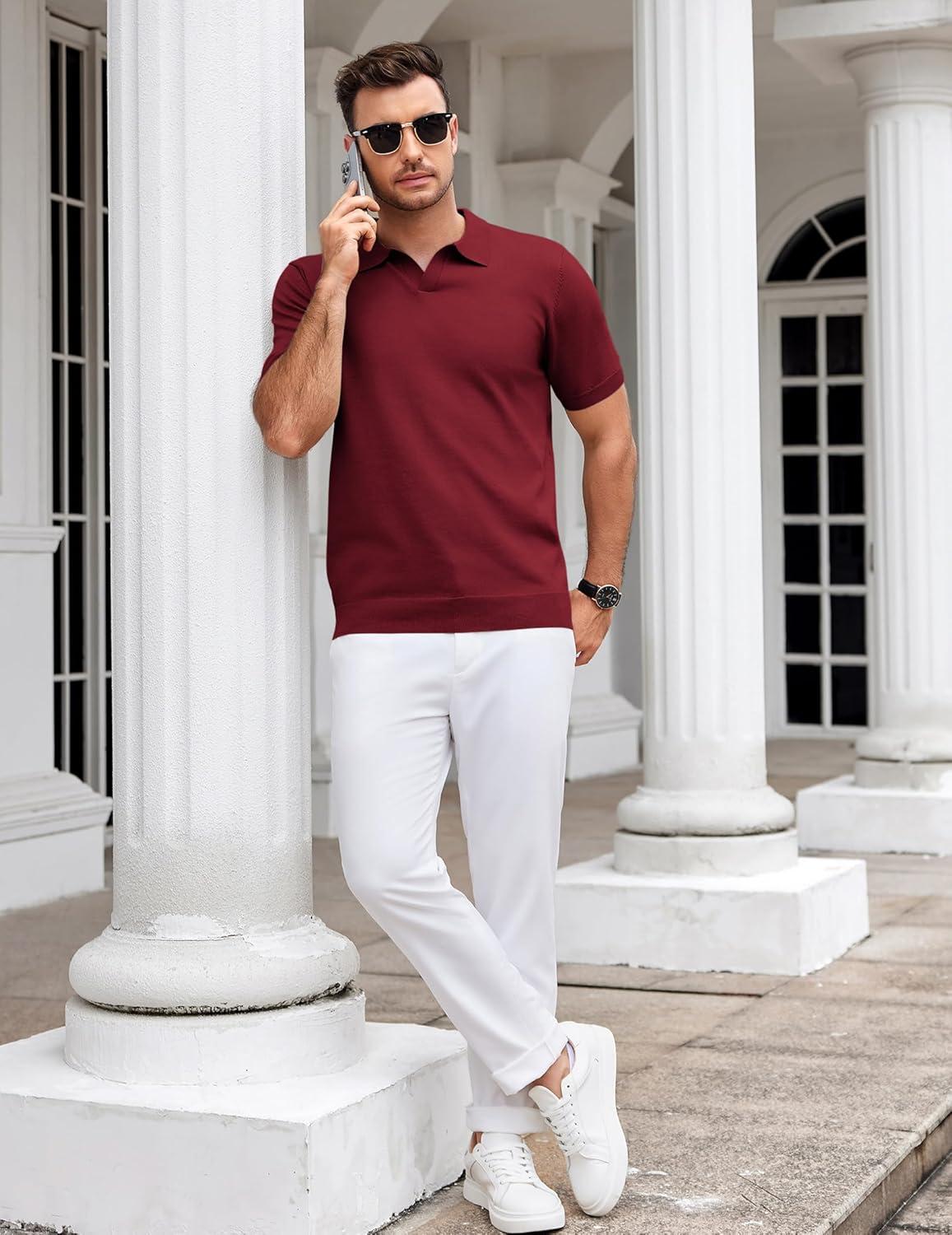 imageCOOFANDY Mens Knit Polo Shirts V Neck Short Sleeve Stretch Polo T Shirt Casual Golf ShirtsWine Red