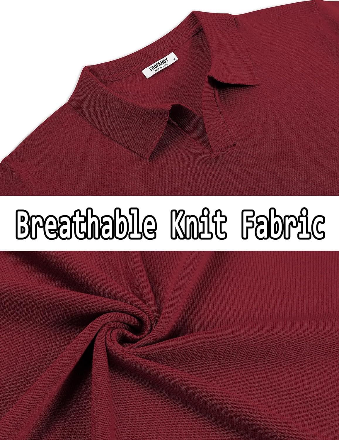 imageCOOFANDY Mens Knit Polo Shirts V Neck Short Sleeve Stretch Polo T Shirt Casual Golf ShirtsWine Red