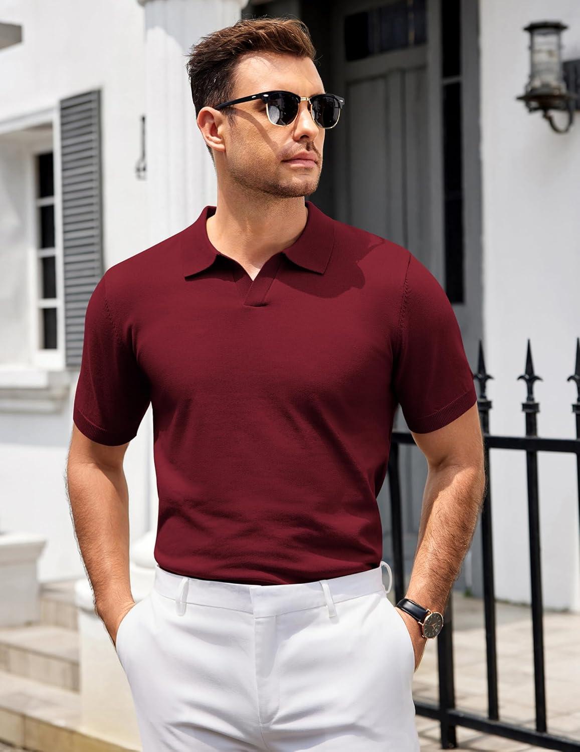 imageCOOFANDY Mens Knit Polo Shirts V Neck Short Sleeve Stretch Polo T Shirt Casual Golf ShirtsWine Red