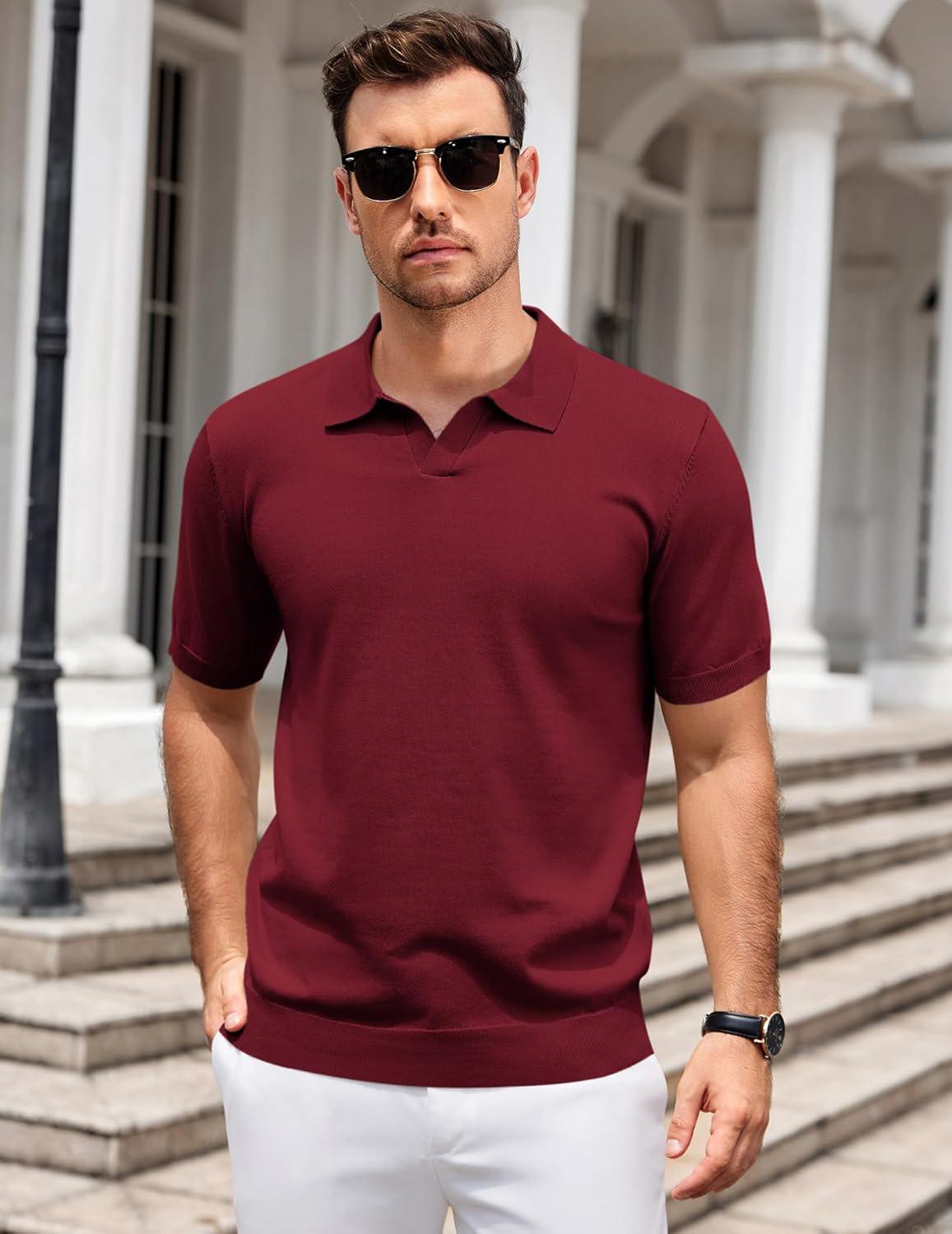 imageCOOFANDY Mens Knit Polo Shirts V Neck Short Sleeve Stretch Polo T Shirt Casual Golf ShirtsWine Red