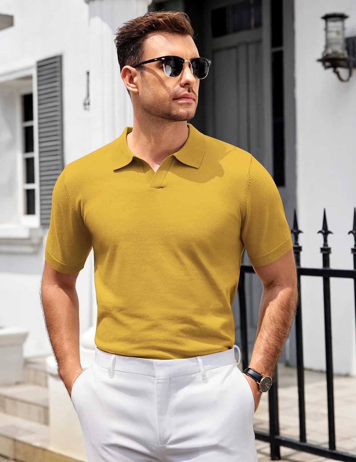 imageCOOFANDY Mens Knit Polo Shirts V Neck Short Sleeve Stretch Polo T Shirt Casual Golf ShirtsYellow