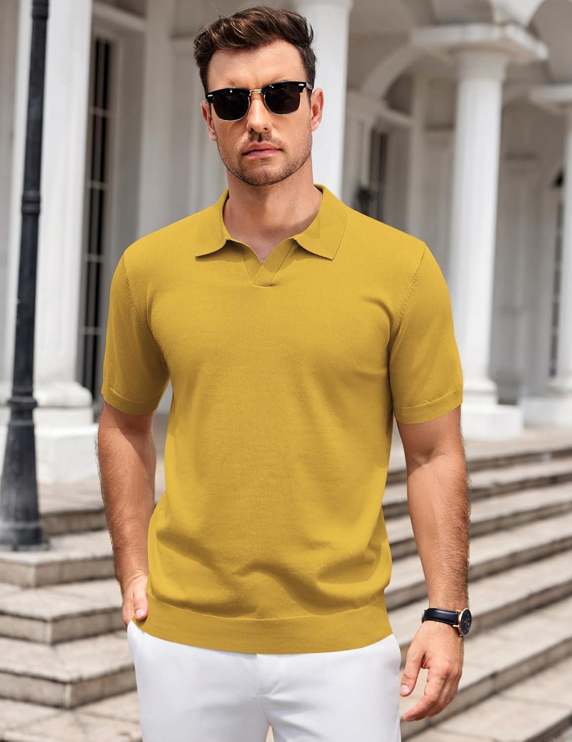imageCOOFANDY Mens Knit Polo Shirts V Neck Short Sleeve Stretch Polo T Shirt Casual Golf ShirtsYellow