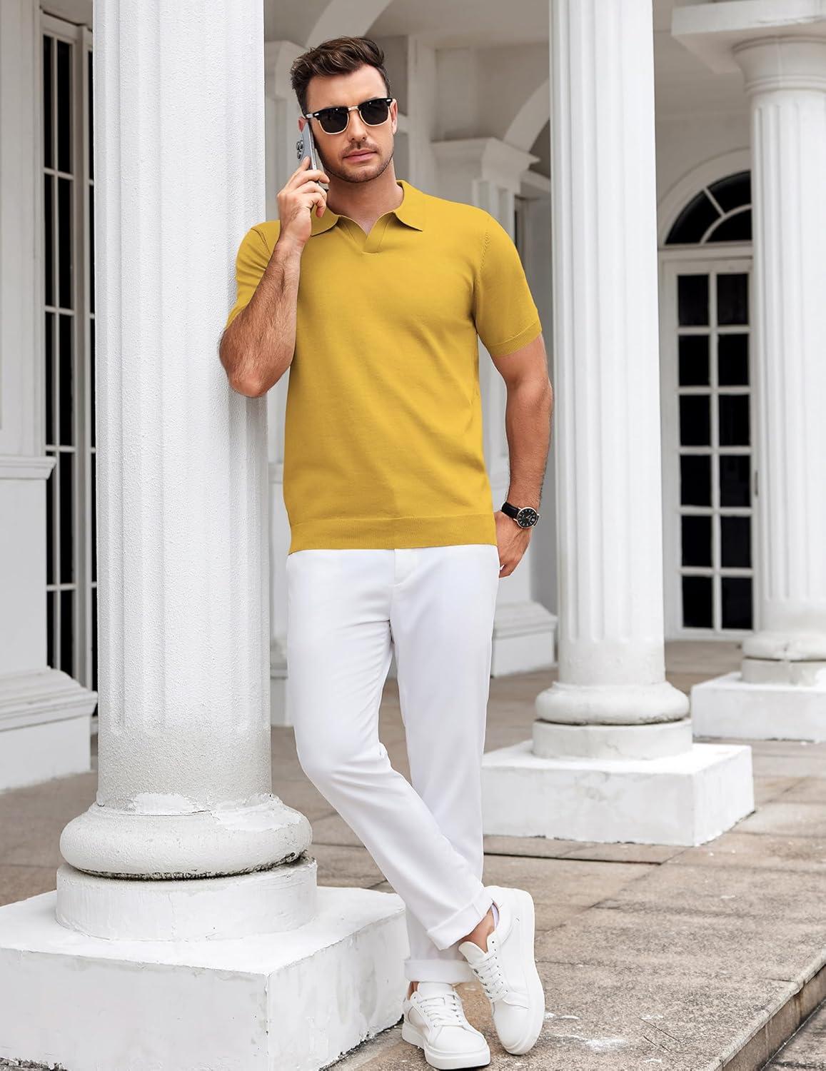 imageCOOFANDY Mens Knit Polo Shirts V Neck Short Sleeve Stretch Polo T Shirt Casual Golf ShirtsYellow
