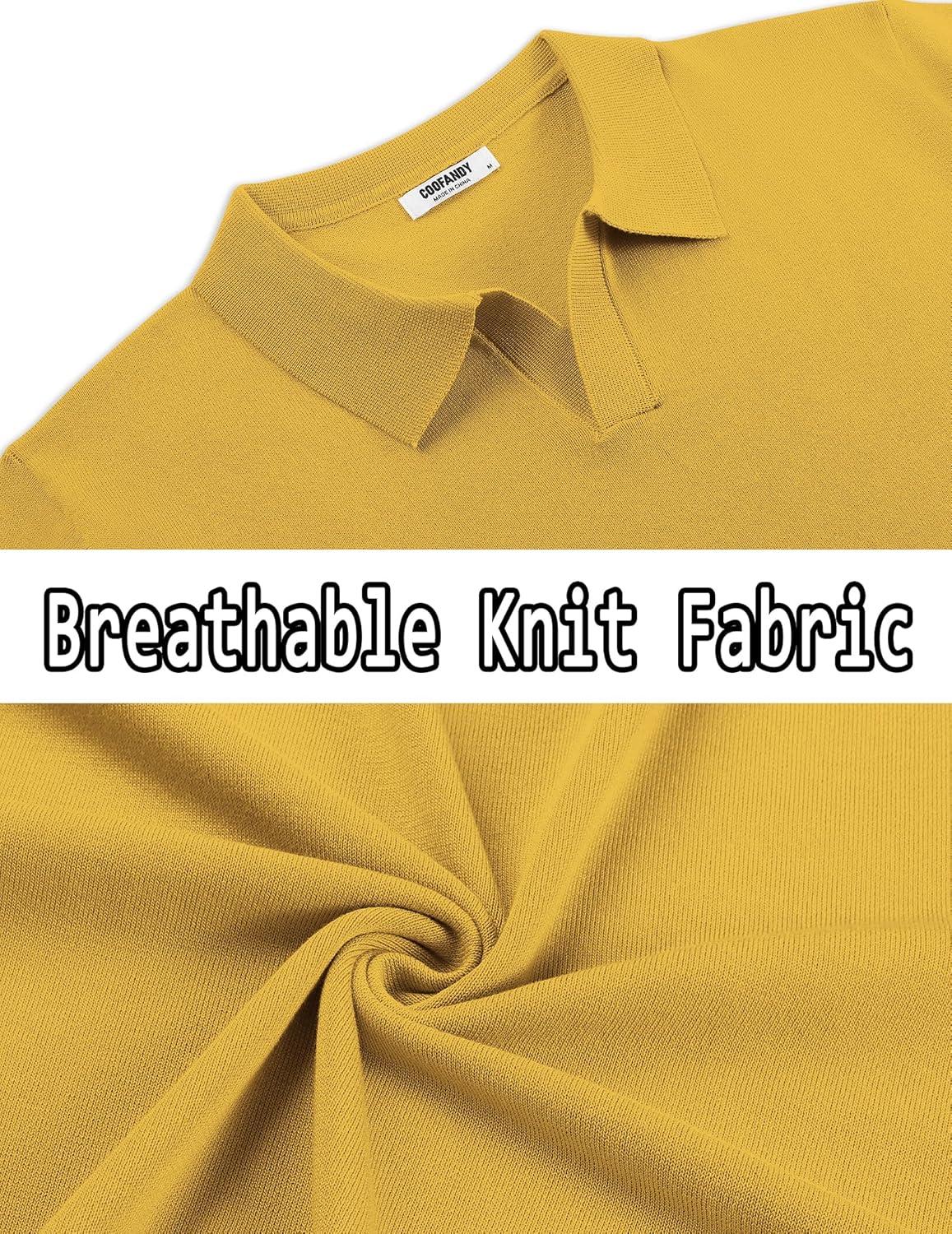 imageCOOFANDY Mens Knit Polo Shirts V Neck Short Sleeve Stretch Polo T Shirt Casual Golf ShirtsYellow