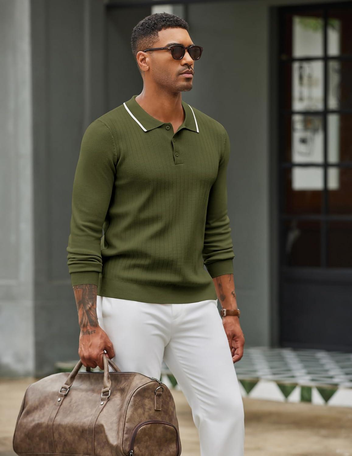 imageCOOFANDY Mens Knit Polo Sweater Casual Long Sleeve Polo Sweater Lightweight Button Down Golf Pullover SweatersArmy Green