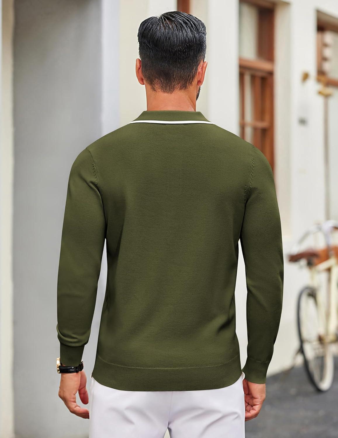 imageCOOFANDY Mens Knit Polo Sweater Casual Long Sleeve Polo Sweater Lightweight Button Down Golf Pullover SweatersArmy Green