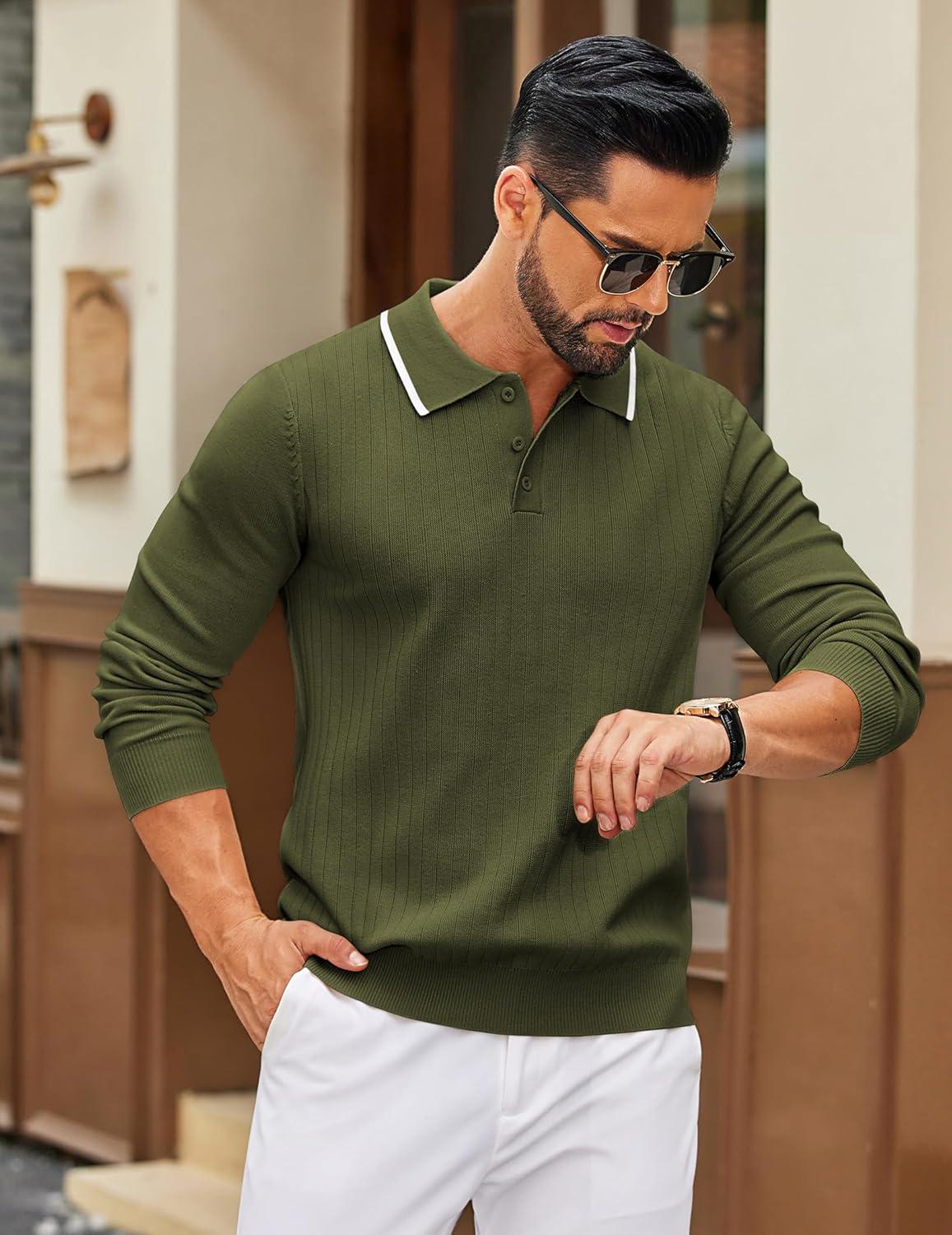 imageCOOFANDY Mens Knit Polo Sweater Casual Long Sleeve Polo Sweater Lightweight Button Down Golf Pullover SweatersArmy Green
