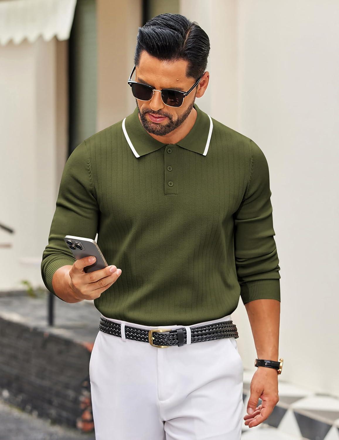 imageCOOFANDY Mens Knit Polo Sweater Casual Long Sleeve Polo Sweater Lightweight Button Down Golf Pullover SweatersArmy Green
