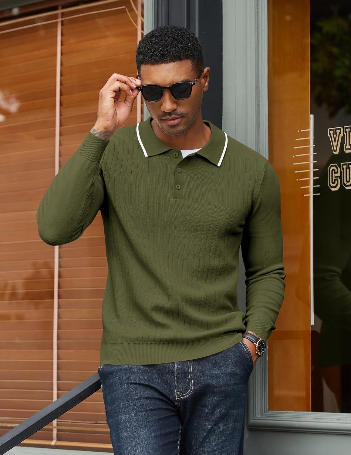 imageCOOFANDY Mens Knit Polo Sweater Casual Long Sleeve Polo Sweater Lightweight Button Down Golf Pullover SweatersArmy Green