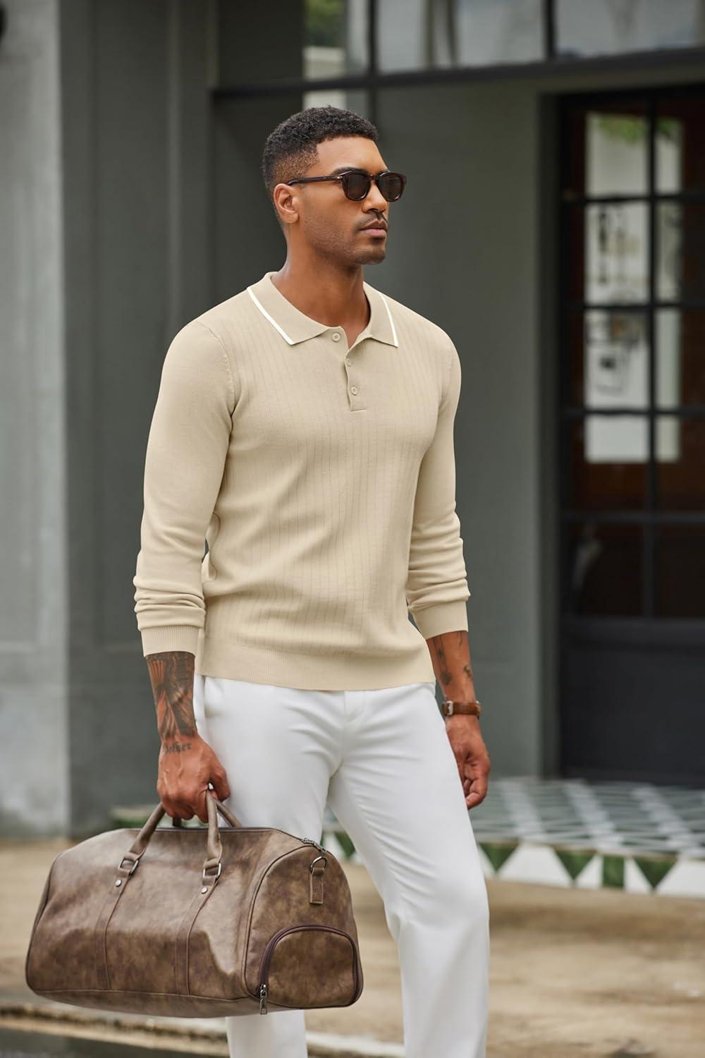 imageCOOFANDY Mens Knit Polo Sweater Casual Long Sleeve Polo Sweater Lightweight Button Down Golf Pullover SweatersBeige