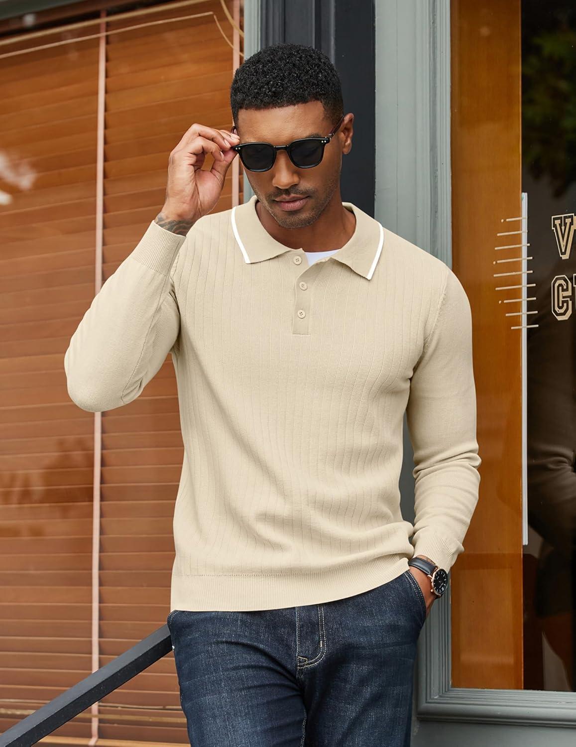 imageCOOFANDY Mens Knit Polo Sweater Casual Long Sleeve Polo Sweater Lightweight Button Down Golf Pullover SweatersBeige