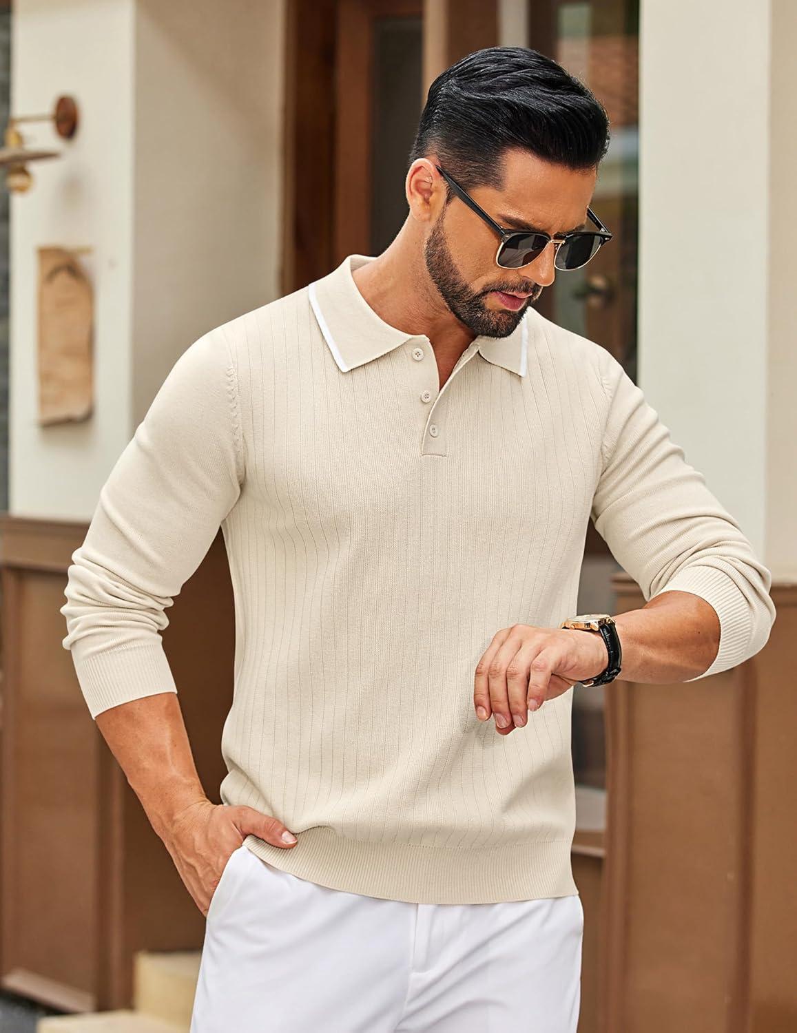 imageCOOFANDY Mens Knit Polo Sweater Casual Long Sleeve Polo Sweater Lightweight Button Down Golf Pullover SweatersBeige
