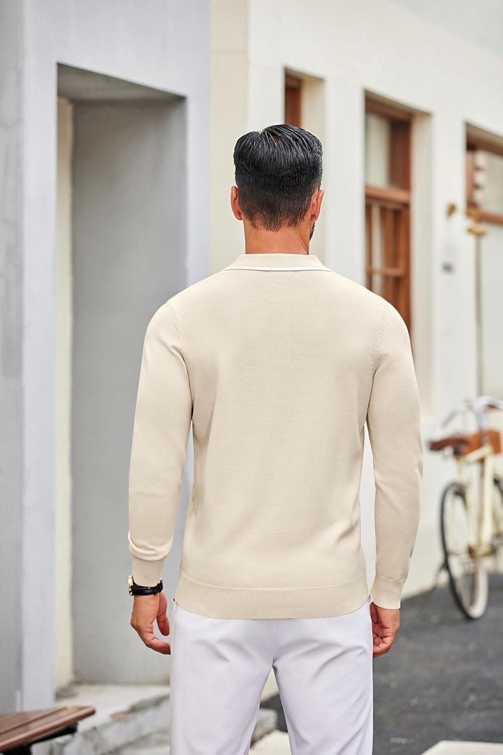 imageCOOFANDY Mens Knit Polo Sweater Casual Long Sleeve Polo Sweater Lightweight Button Down Golf Pullover SweatersBeige