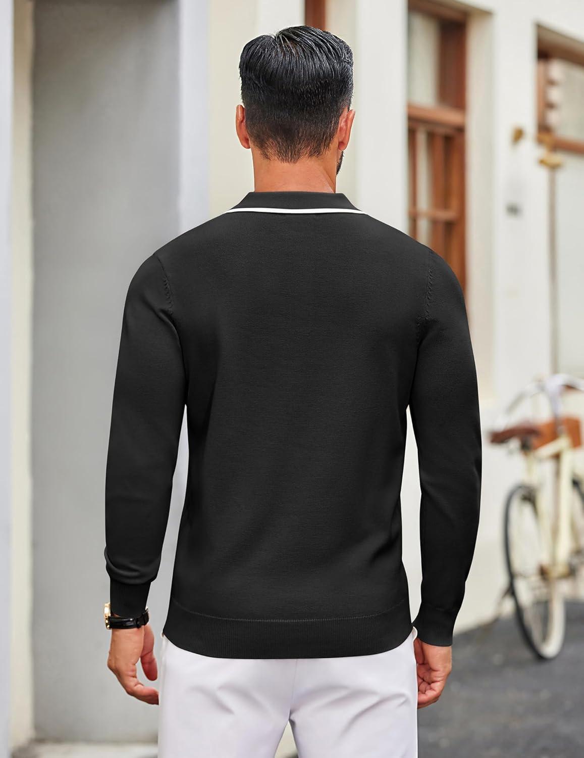 imageCOOFANDY Mens Knit Polo Sweater Casual Long Sleeve Polo Sweater Lightweight Button Down Golf Pullover SweatersBlack