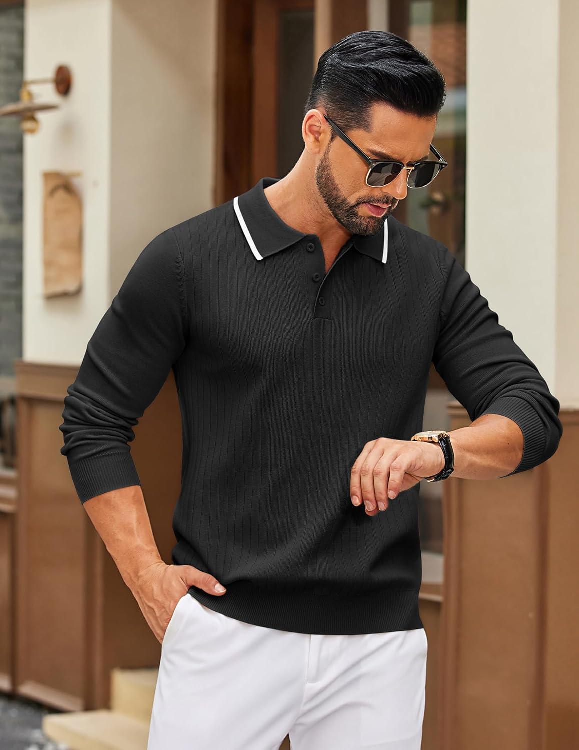 imageCOOFANDY Mens Knit Polo Sweater Casual Long Sleeve Polo Sweater Lightweight Button Down Golf Pullover SweatersBlack