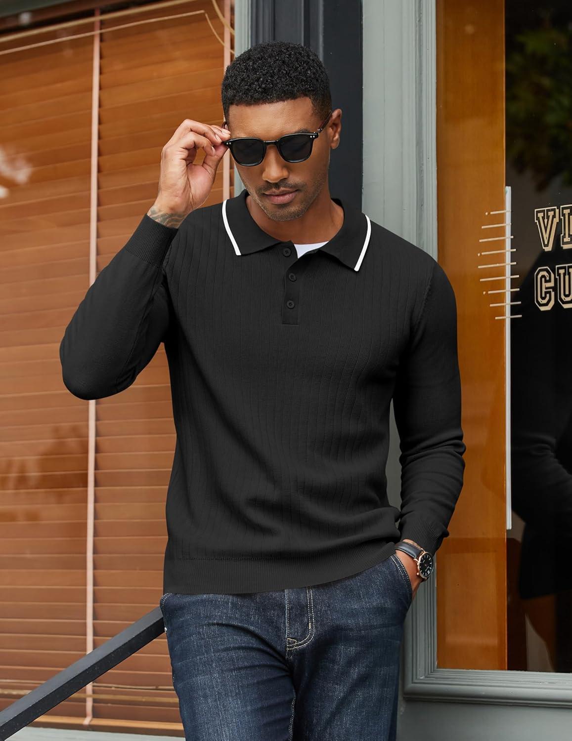 imageCOOFANDY Mens Knit Polo Sweater Casual Long Sleeve Polo Sweater Lightweight Button Down Golf Pullover SweatersBlack