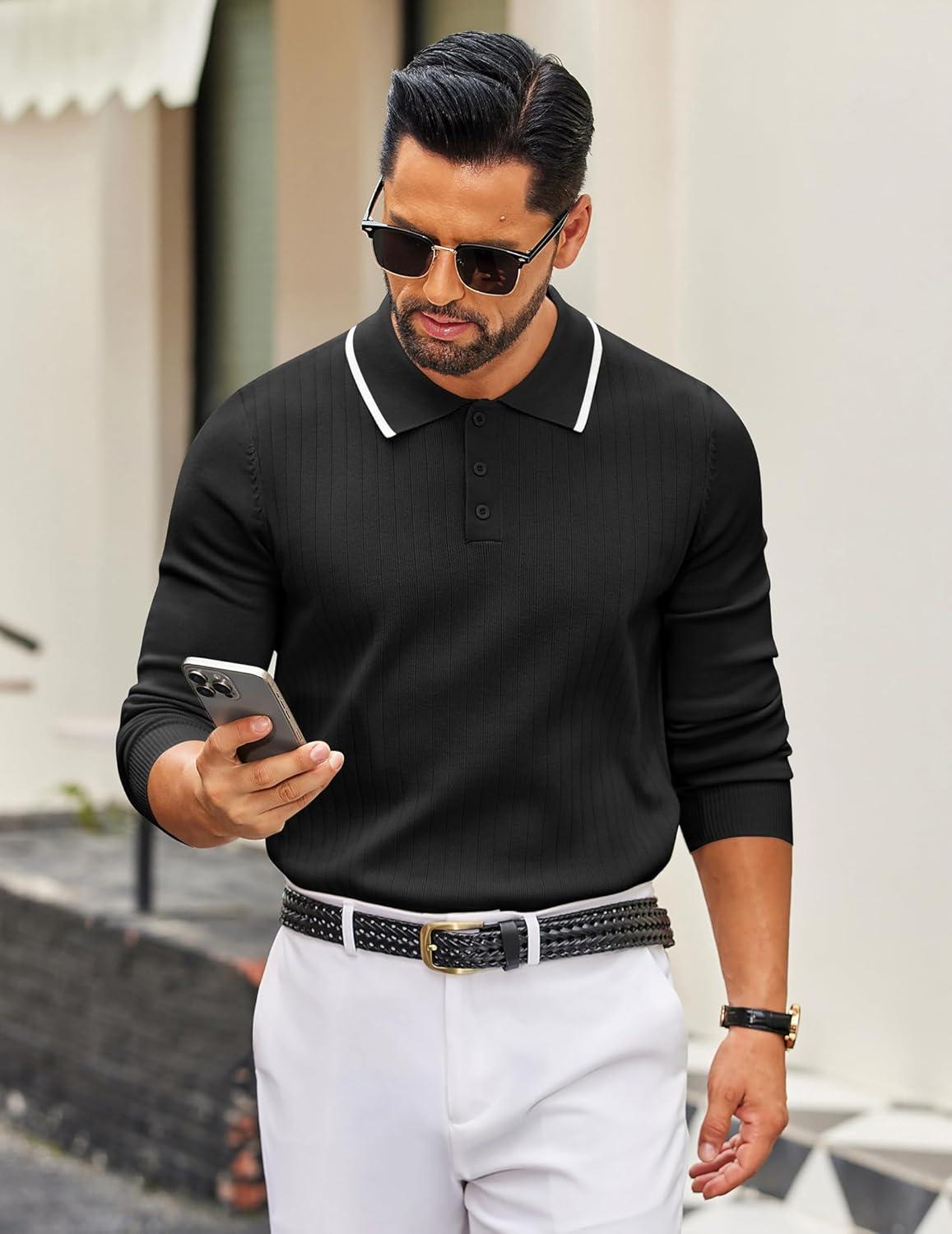 imageCOOFANDY Mens Knit Polo Sweater Casual Long Sleeve Polo Sweater Lightweight Button Down Golf Pullover SweatersBlack