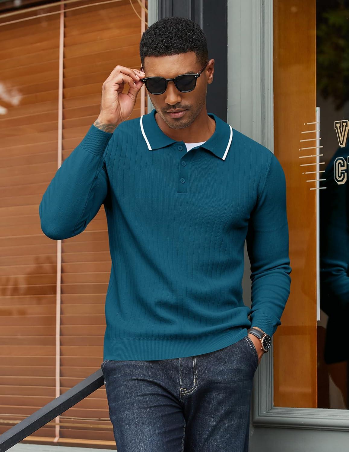 imageCOOFANDY Mens Knit Polo Sweater Casual Long Sleeve Polo Sweater Lightweight Button Down Golf Pullover SweatersBlue Green