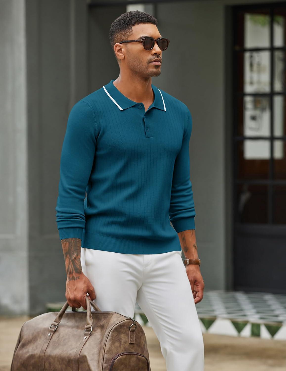 imageCOOFANDY Mens Knit Polo Sweater Casual Long Sleeve Polo Sweater Lightweight Button Down Golf Pullover SweatersBlue Green