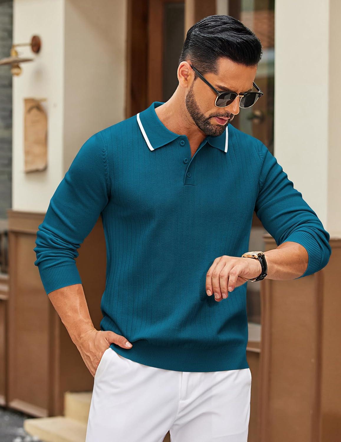 imageCOOFANDY Mens Knit Polo Sweater Casual Long Sleeve Polo Sweater Lightweight Button Down Golf Pullover SweatersBlue Green