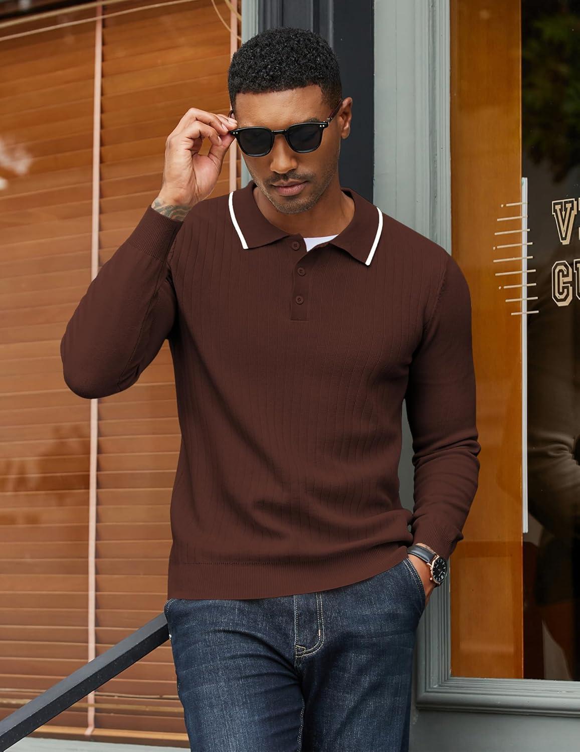 imageCOOFANDY Mens Knit Polo Sweater Casual Long Sleeve Polo Sweater Lightweight Button Down Golf Pullover SweatersBrown