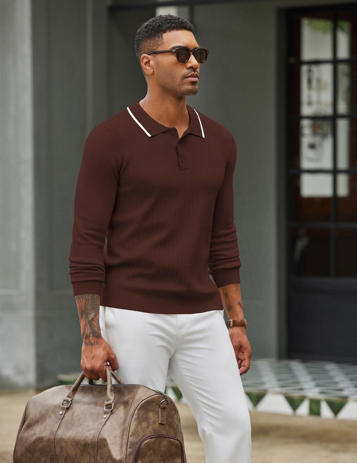 imageCOOFANDY Mens Knit Polo Sweater Casual Long Sleeve Polo Sweater Lightweight Button Down Golf Pullover SweatersBrown