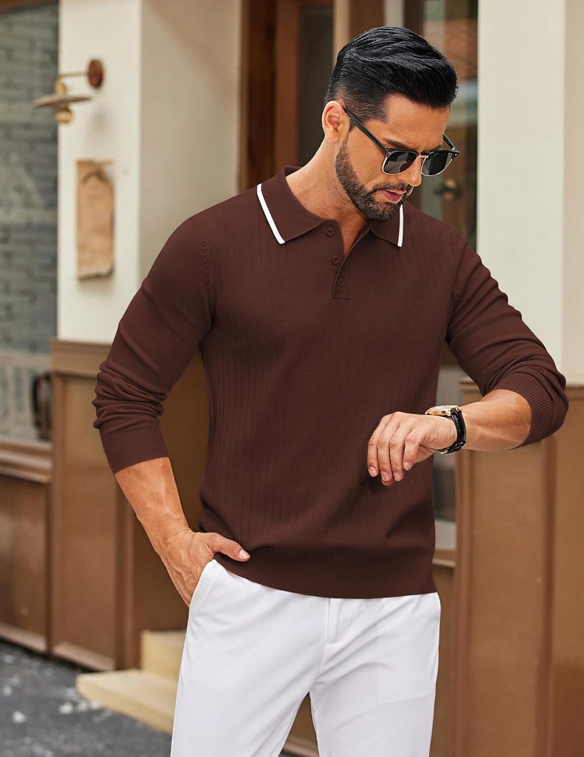 imageCOOFANDY Mens Knit Polo Sweater Casual Long Sleeve Polo Sweater Lightweight Button Down Golf Pullover SweatersBrown