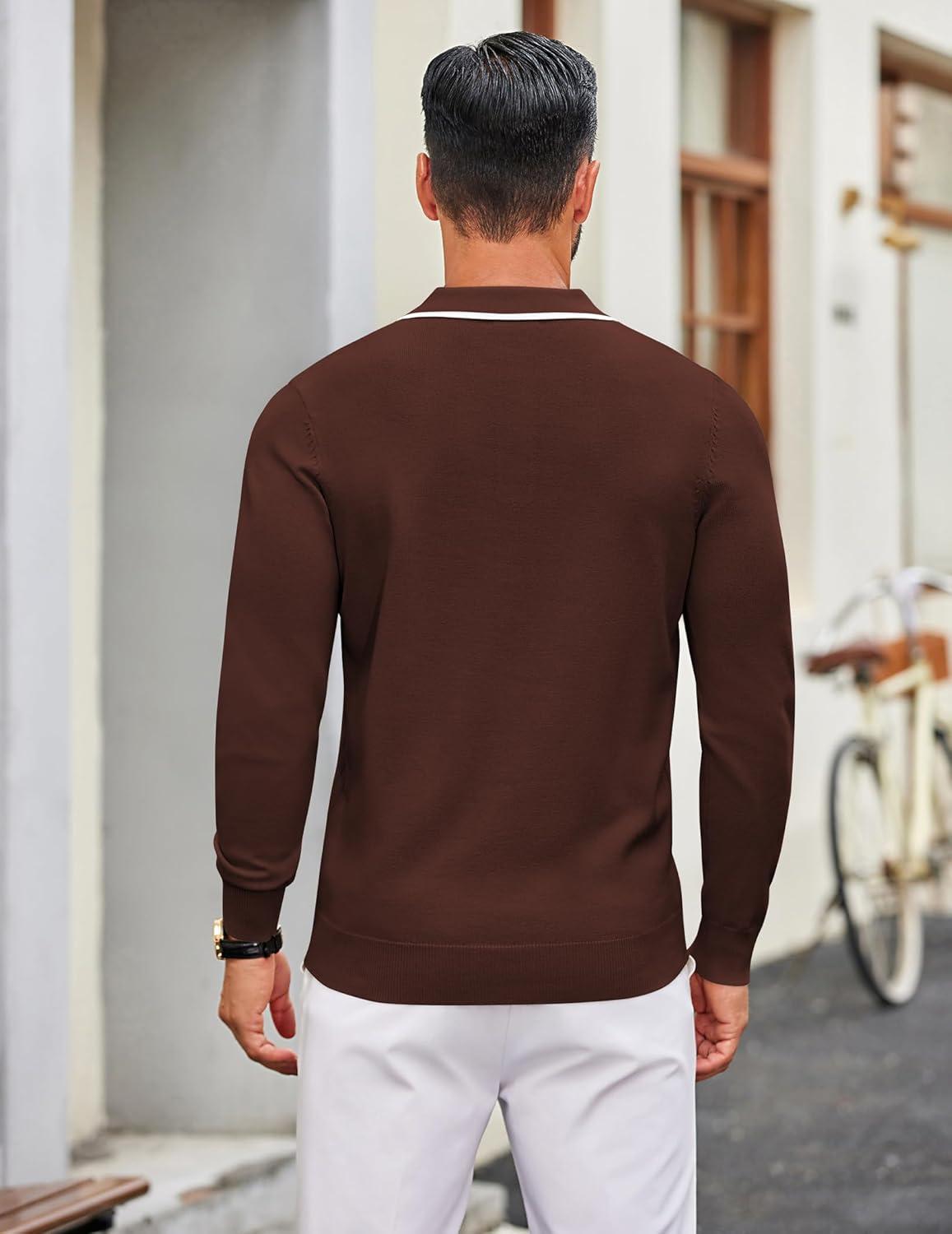 imageCOOFANDY Mens Knit Polo Sweater Casual Long Sleeve Polo Sweater Lightweight Button Down Golf Pullover SweatersBrown