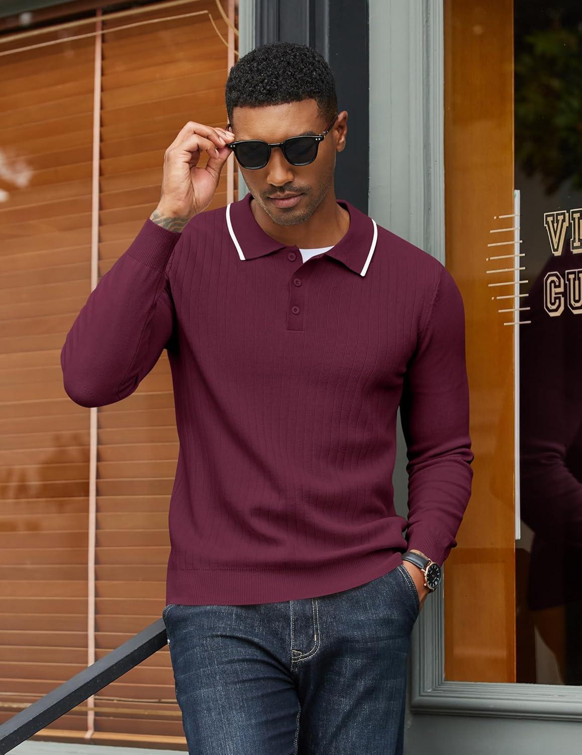 imageCOOFANDY Mens Knit Polo Sweater Casual Long Sleeve Polo Sweater Lightweight Button Down Golf Pullover SweatersDark Red