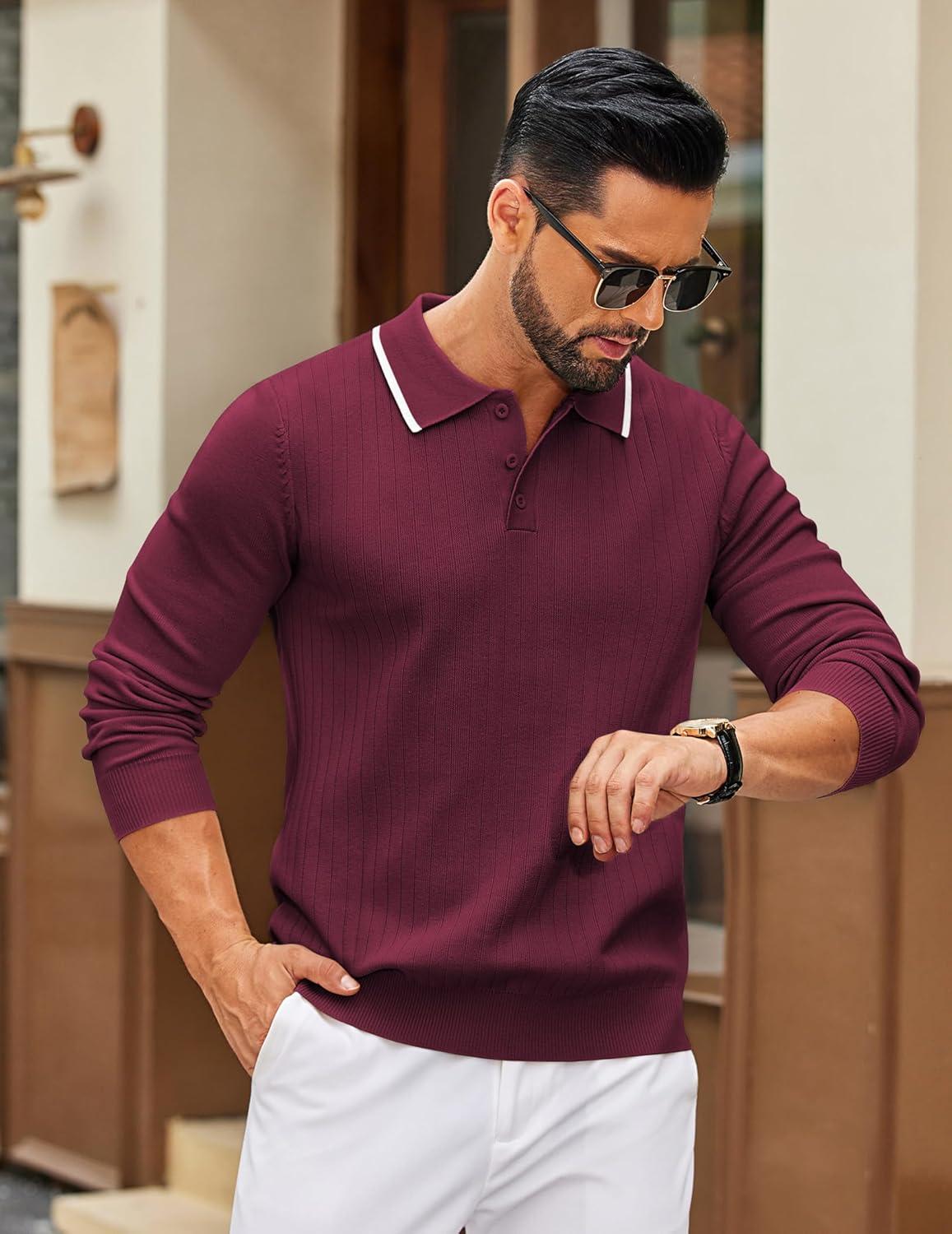 imageCOOFANDY Mens Knit Polo Sweater Casual Long Sleeve Polo Sweater Lightweight Button Down Golf Pullover SweatersDark Red