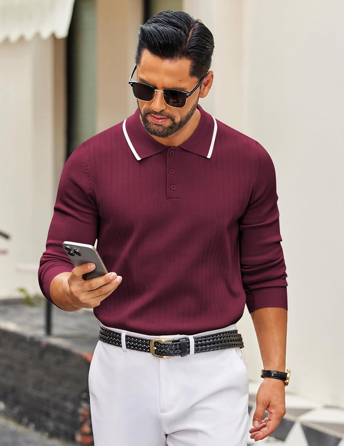 imageCOOFANDY Mens Knit Polo Sweater Casual Long Sleeve Polo Sweater Lightweight Button Down Golf Pullover SweatersDark Red