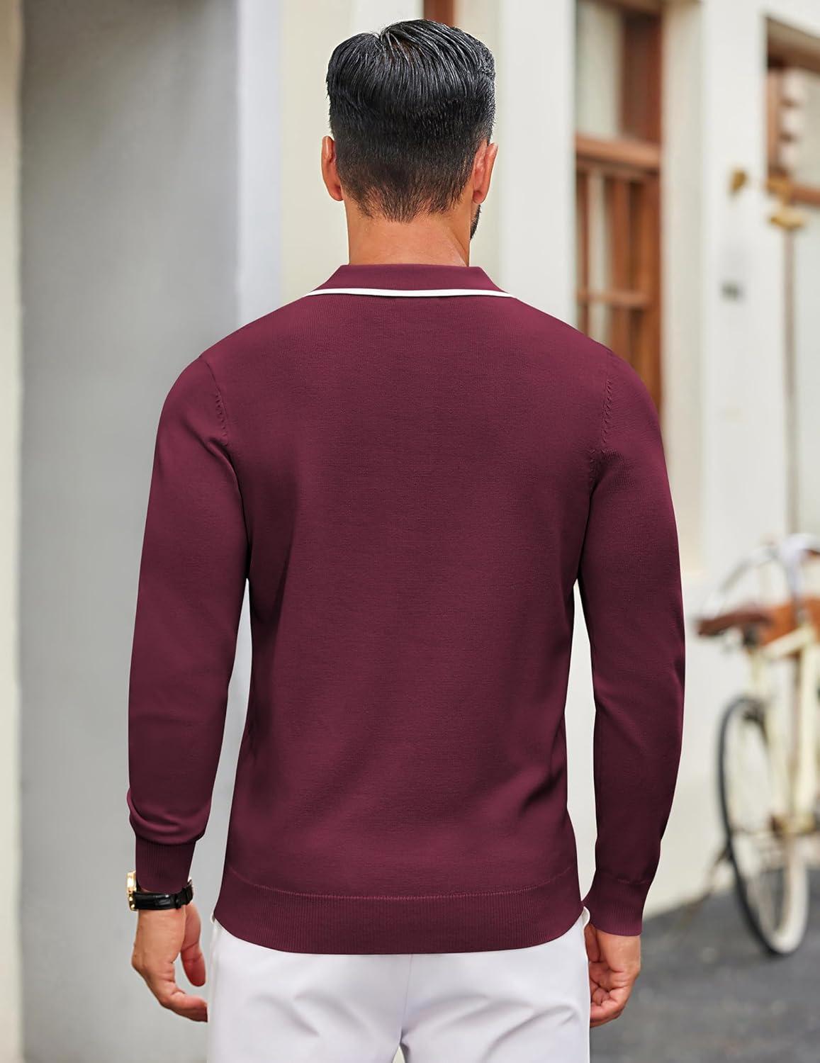 imageCOOFANDY Mens Knit Polo Sweater Casual Long Sleeve Polo Sweater Lightweight Button Down Golf Pullover SweatersDark Red