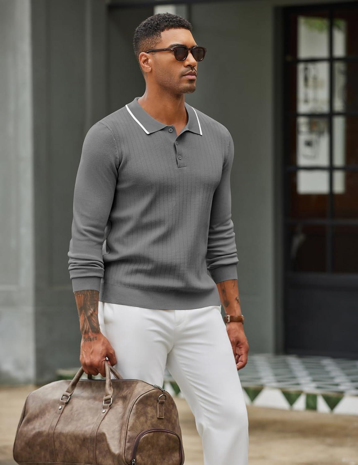 imageCOOFANDY Mens Knit Polo Sweater Casual Long Sleeve Polo Sweater Lightweight Button Down Golf Pullover SweatersGrey