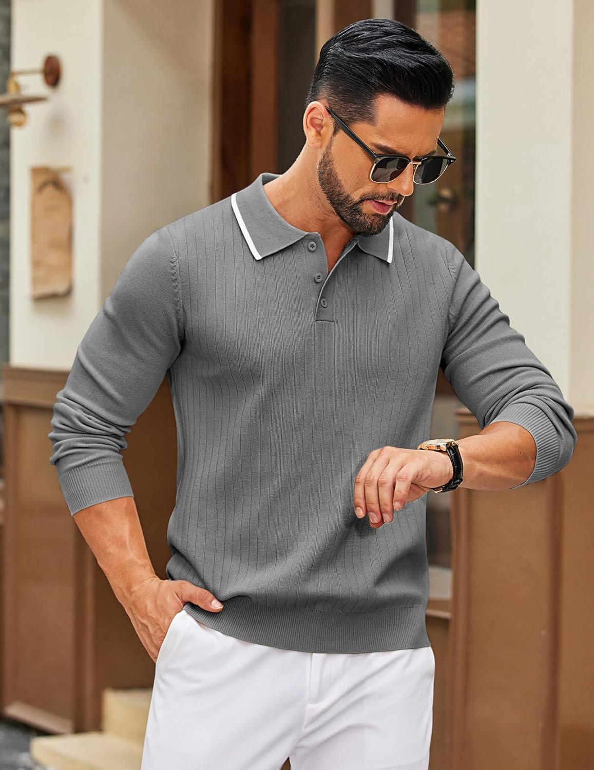 imageCOOFANDY Mens Knit Polo Sweater Casual Long Sleeve Polo Sweater Lightweight Button Down Golf Pullover SweatersGrey