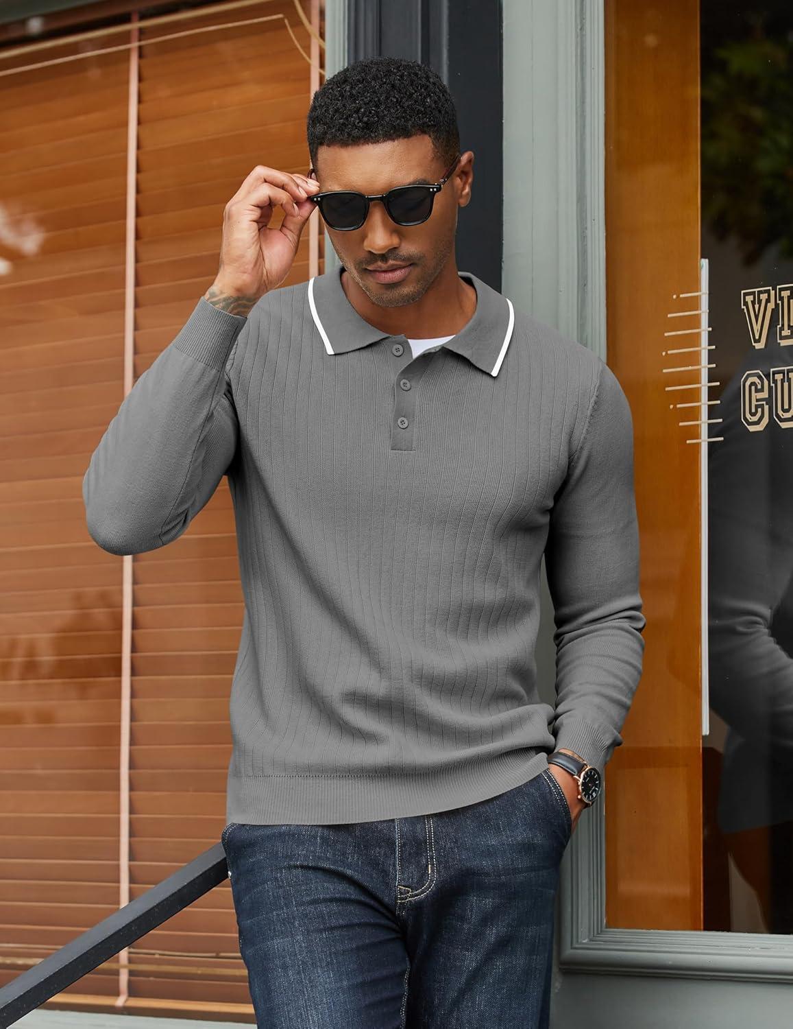 imageCOOFANDY Mens Knit Polo Sweater Casual Long Sleeve Polo Sweater Lightweight Button Down Golf Pullover SweatersGrey