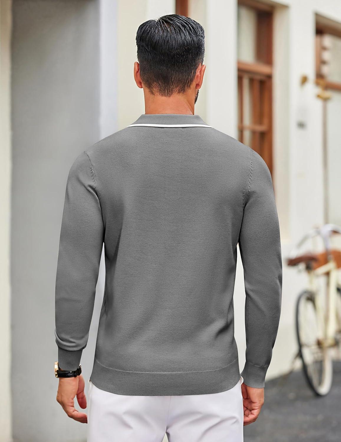 imageCOOFANDY Mens Knit Polo Sweater Casual Long Sleeve Polo Sweater Lightweight Button Down Golf Pullover SweatersGrey