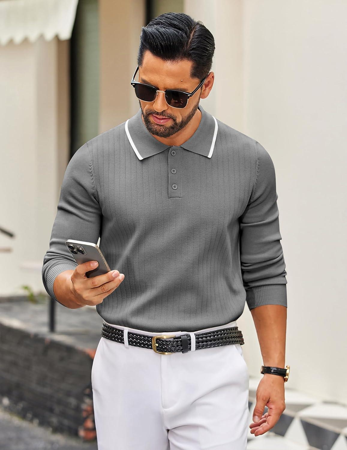imageCOOFANDY Mens Knit Polo Sweater Casual Long Sleeve Polo Sweater Lightweight Button Down Golf Pullover SweatersGrey