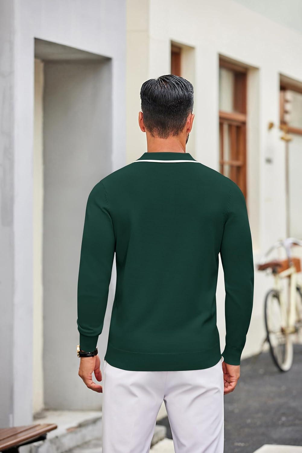 imageCOOFANDY Mens Knit Polo Sweater Casual Long Sleeve Polo Sweater Lightweight Button Down Golf Pullover SweatersLake Green