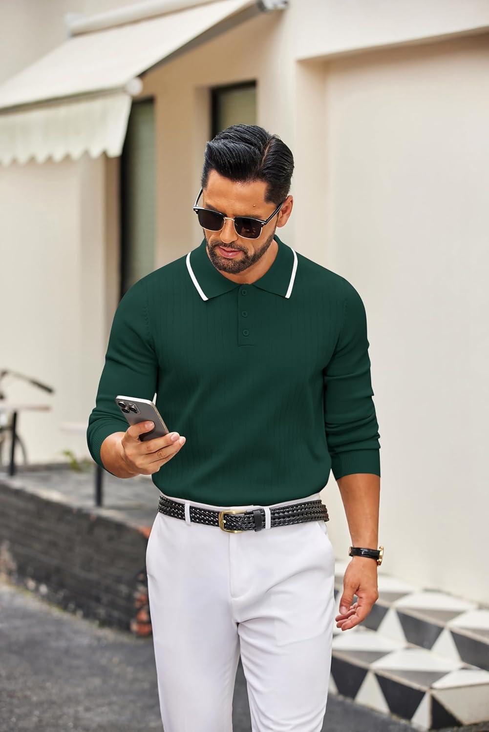 imageCOOFANDY Mens Knit Polo Sweater Casual Long Sleeve Polo Sweater Lightweight Button Down Golf Pullover SweatersLake Green