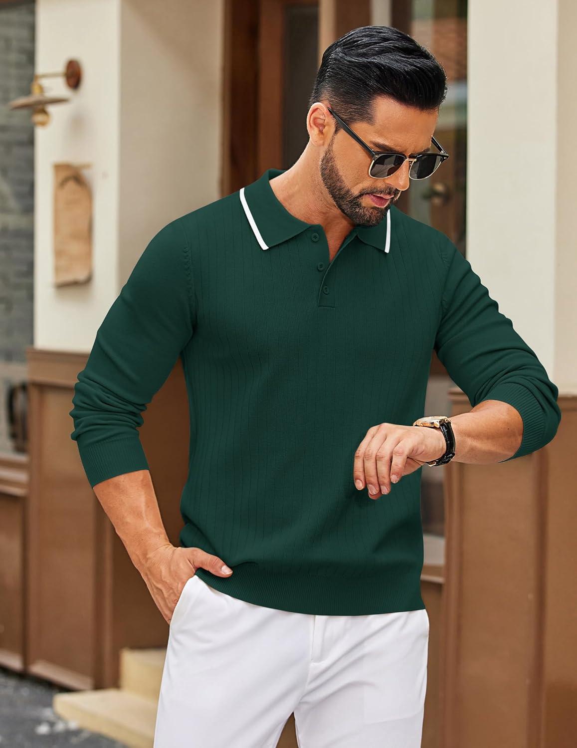 imageCOOFANDY Mens Knit Polo Sweater Casual Long Sleeve Polo Sweater Lightweight Button Down Golf Pullover SweatersLake Green