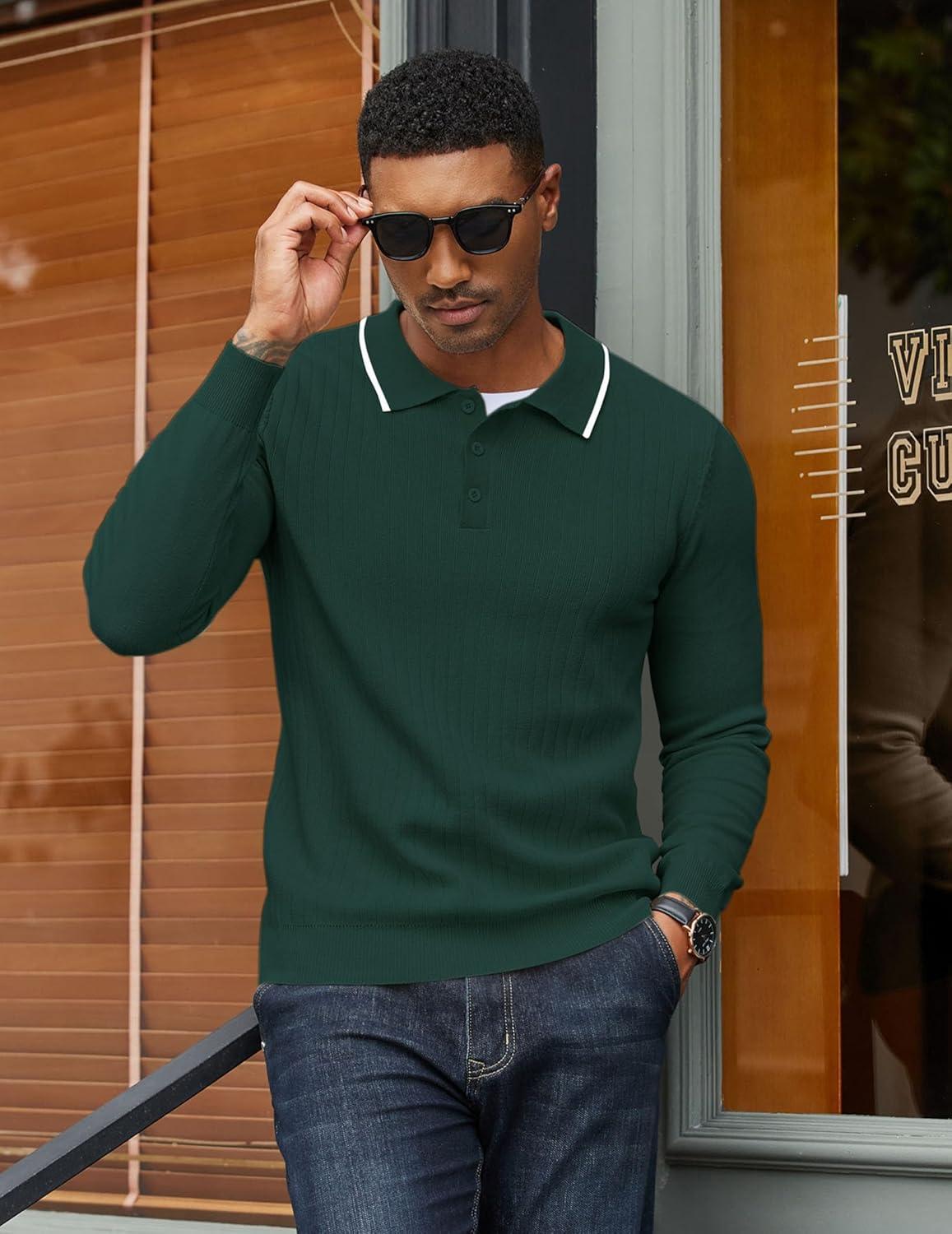 imageCOOFANDY Mens Knit Polo Sweater Casual Long Sleeve Polo Sweater Lightweight Button Down Golf Pullover SweatersLake Green