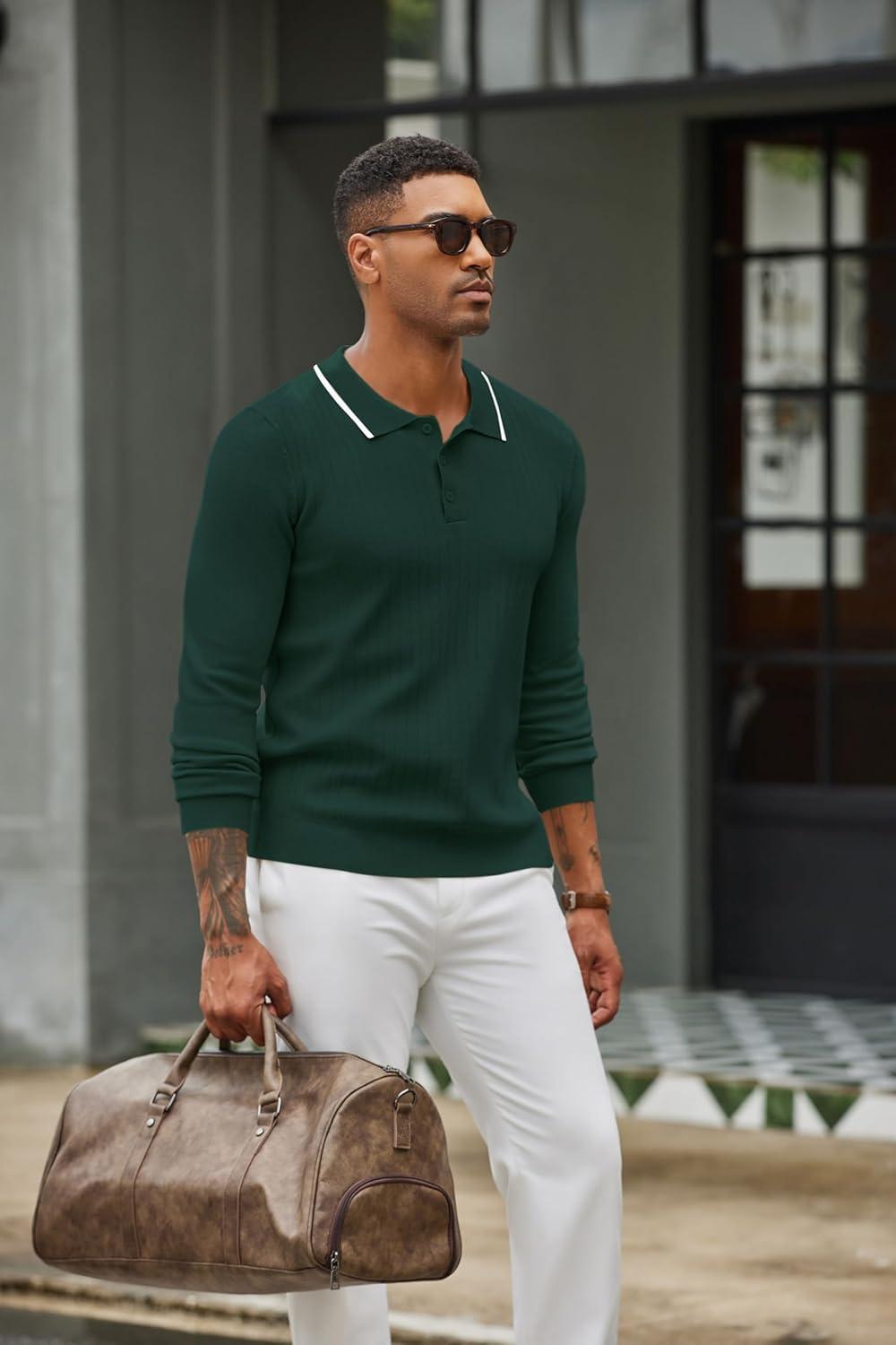 imageCOOFANDY Mens Knit Polo Sweater Casual Long Sleeve Polo Sweater Lightweight Button Down Golf Pullover SweatersLake Green